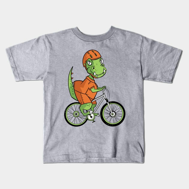 T-rex Dinosaur Riding a Bicycle Kids T-Shirt by OnepixArt